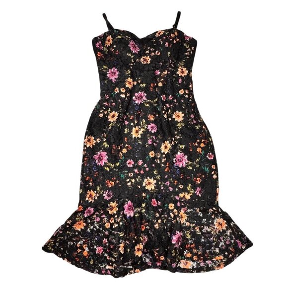 Guess Floral Lace Dress Sz.12 Black Spaghetti Straps Ruffle Fairy Event Party - Picture 14 of 15